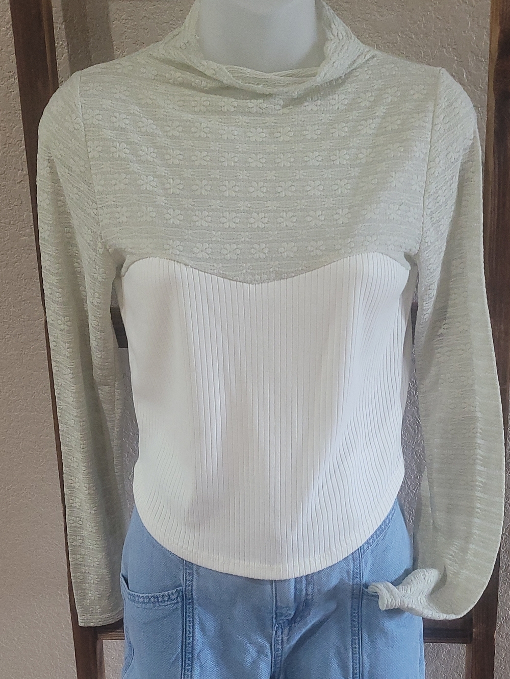 Altar'd State Cream and White Floral-Texture Cowl Sweater